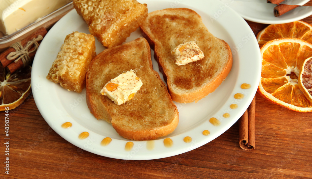 White bread toast with honey and cup of coffee on wooden table White bread toast with honey and cup of coffee on wooden table