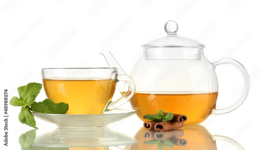 Cup of tea with mint and cinnamon isolated on white Cup of tea with mint and cinnamon isolated on white