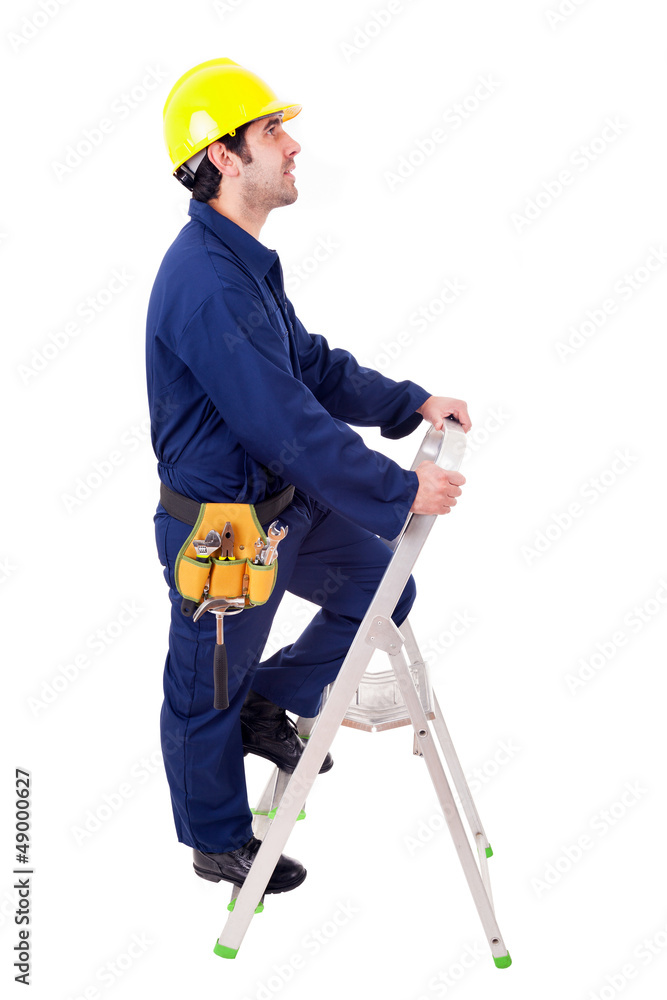 Young worker climbing a ladder, isolated on white Young worker climbing a ladder, isolated on white