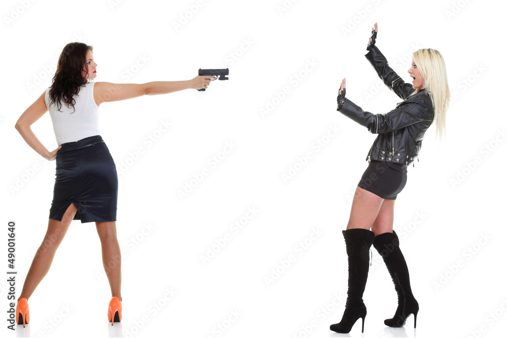 detektive woman with pistol pointing at head another woman detektive woman with pistol pointing at head another woman