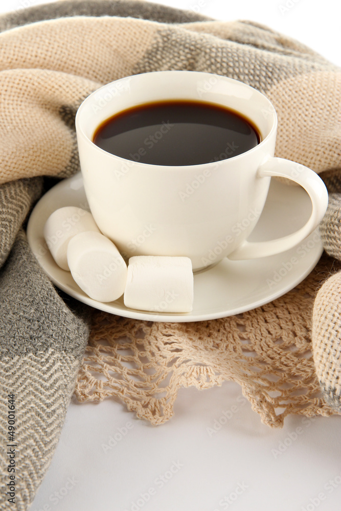 cup of coffee with scarf isolated on white cup of coffee with scarf isolated on white