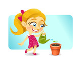 Girl watering a plant in a pot