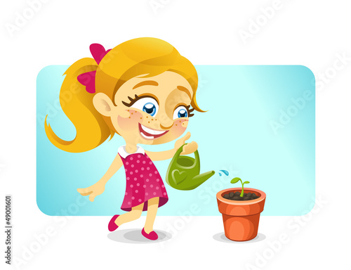 Girl watering a plant in a pot