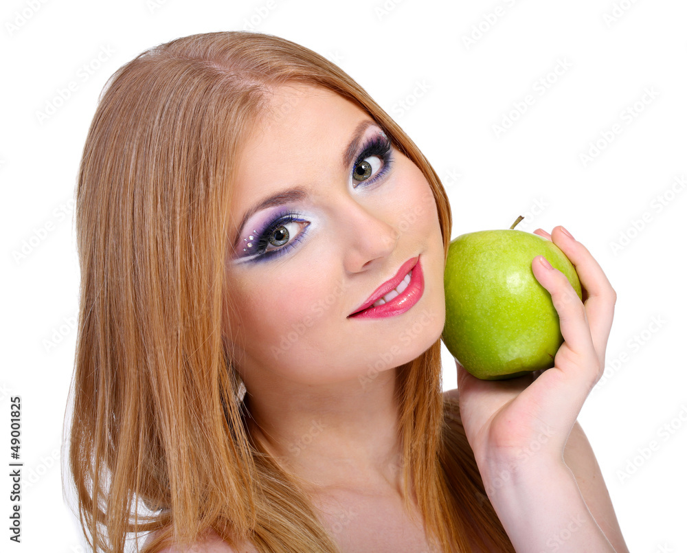 Beautiful young woman with glamour make up and apple, isolated Beautiful young woman with glamour make up and apple, isolated