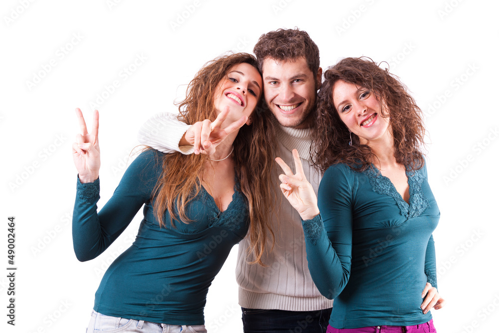 Three Happy Friends Showing Victory Sign Three Happy Friends Showing Victory Sign