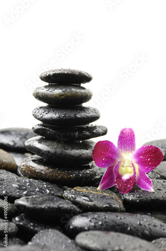 Wet black Stack stones in balance with pink orchid