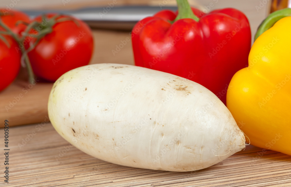 Radish on a table with vegetables Radish on a table with vegetables