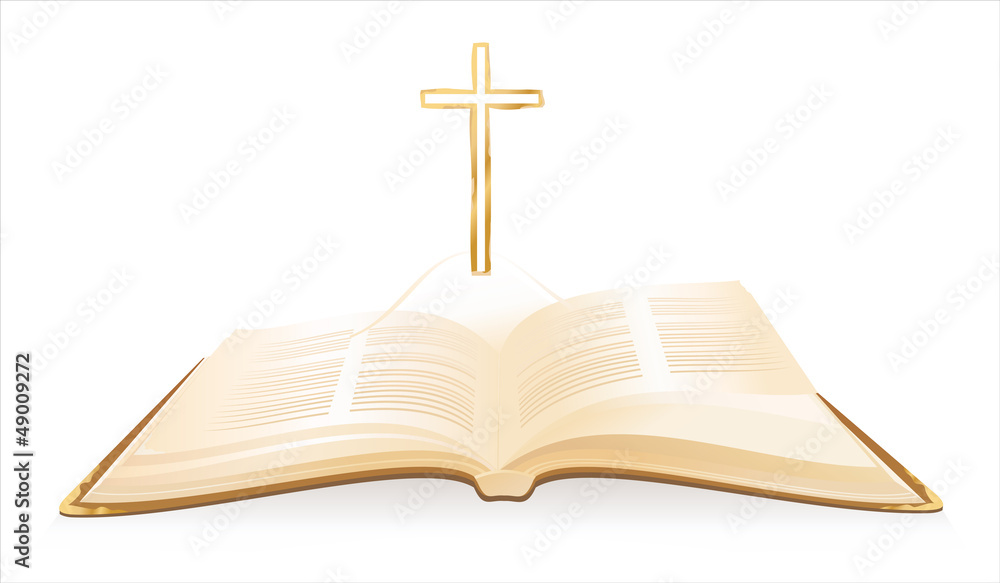 Naklejka premium Opened Holy Bible with cross above it