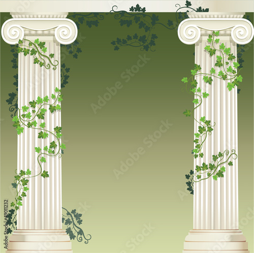 Two Ionic columns entwined with ivy