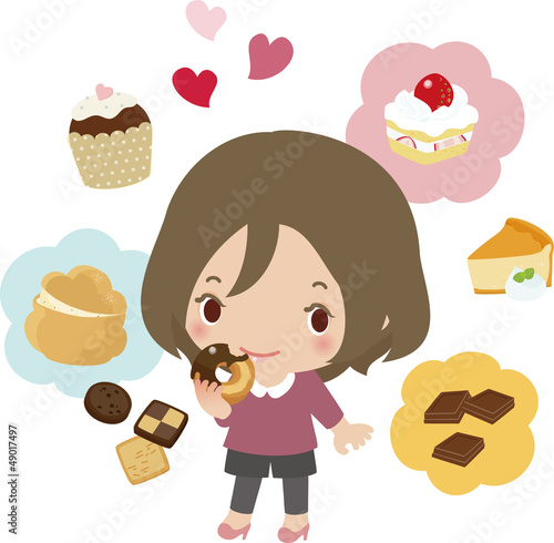 ドーナツを食べる女性と洋菓子のイメージ