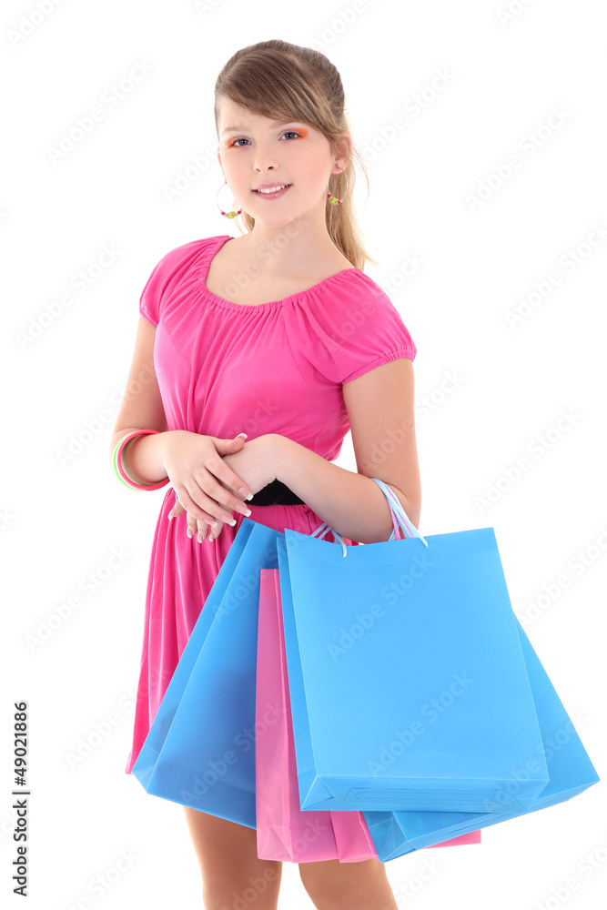 teenage girl in pink after shopping over white teenage girl in pink after shopping over white