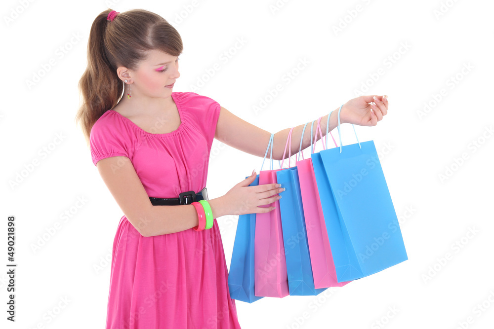 beautiful girl in pink dress after shopping over white beautiful girl in pink dress after shopping over white