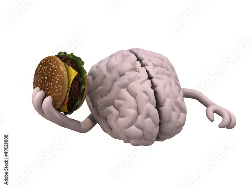 human brain with arms and a hamburger