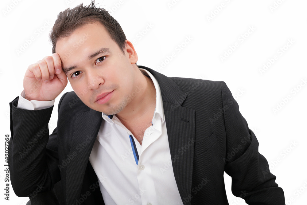 Picture of a pensive young businessman, isolated on white backgr Picture of a pensive young businessman, isolated on white backgr