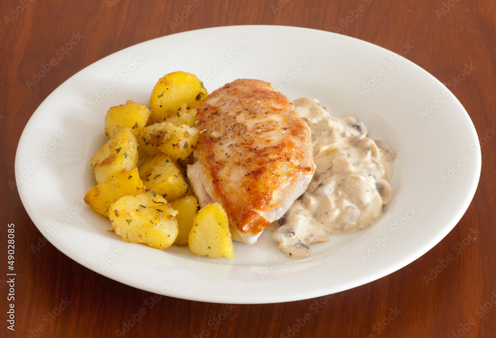 Grilled Chicken Steak in mushroom's sauce, Fried Potatoes