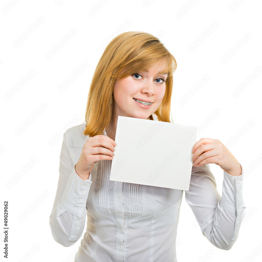 Young woman with brackets and white billboard Young woman with brackets and white billboard