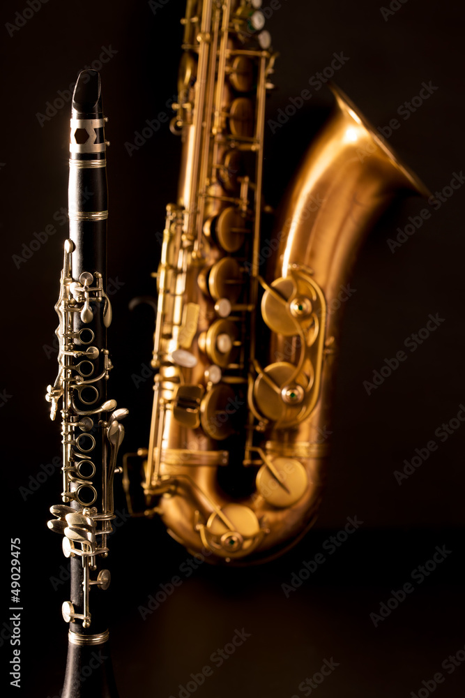 Fototapeta premium Classic music Sax tenor saxophone and clarinet in black