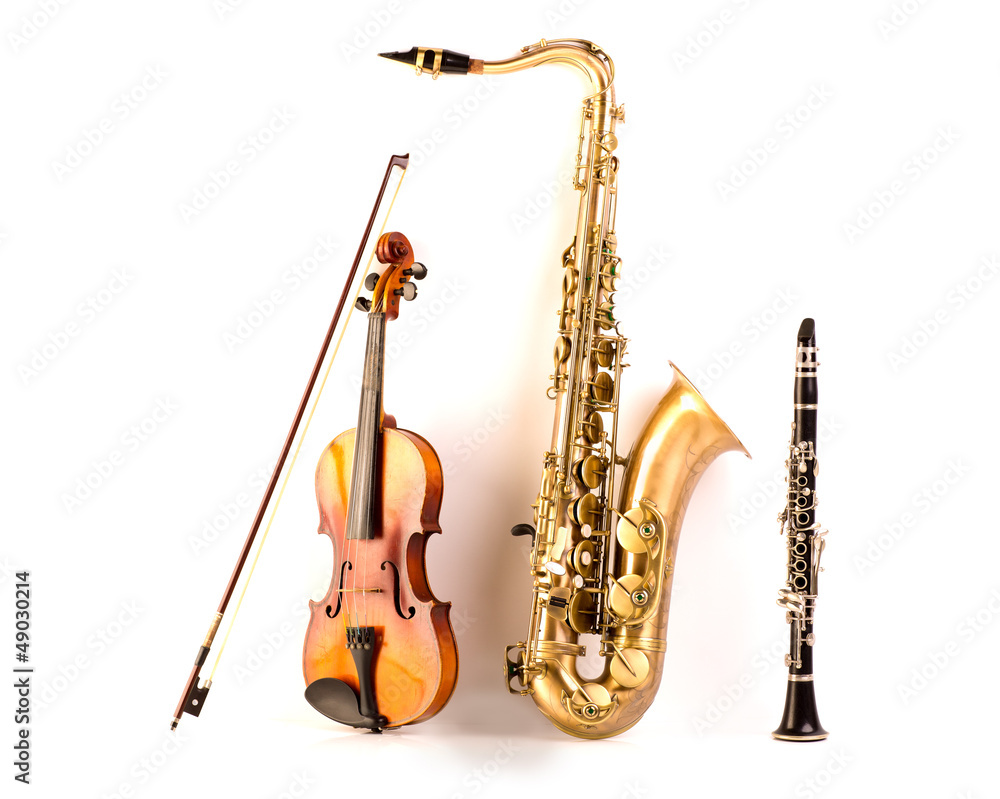 Fototapeta premium Sax tenor saxophone violin and clarinet in white