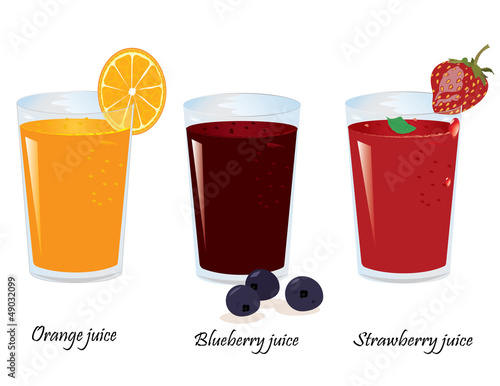 Three cups of juice- orange , blueberry , strawberry juice