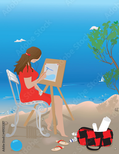 Girl painting on the beach