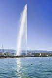 140 meter high iconic fountain “Jet d'Eau” in Lake Geneva