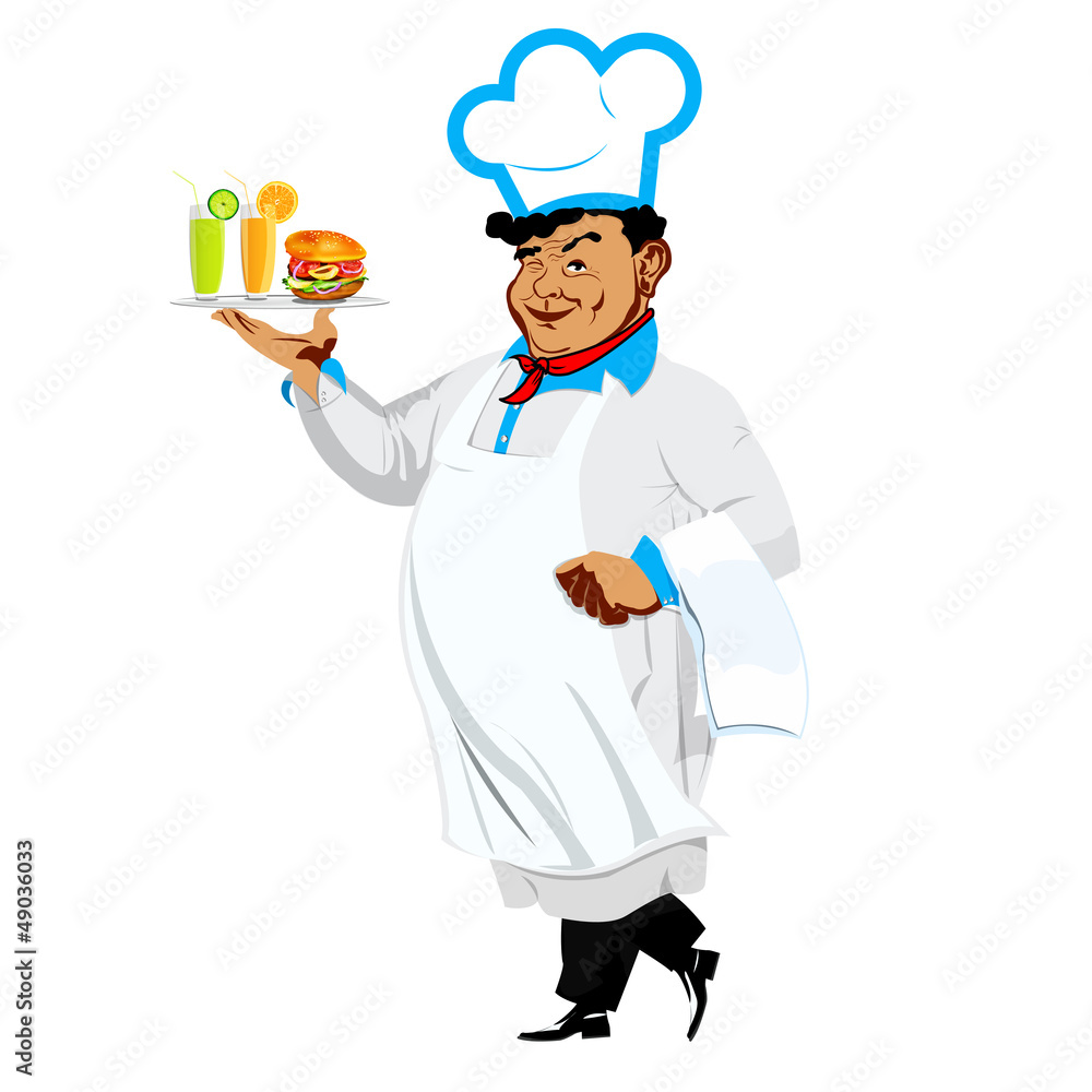 Funny Chef with hamburger and fresh fruit juice Funny Chef with hamburger and fresh fruit juice
