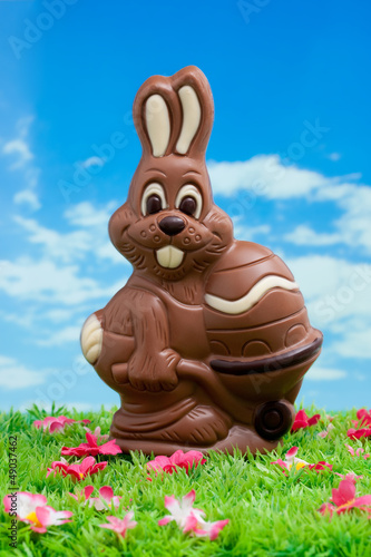 Schokoosterhase mit Osterei auf Blumenwiese vor blauem Himmel photo