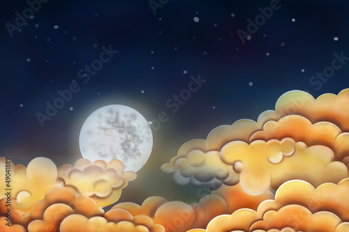 Night sky illustration. Moon and clouds