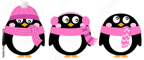 Cute pink cartoon penguin set isolated on white