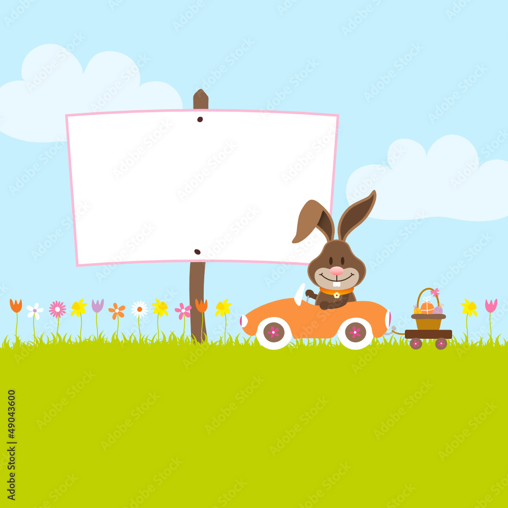 Obraz premium Bunny In Meadow Driving Car Easter Basket Label