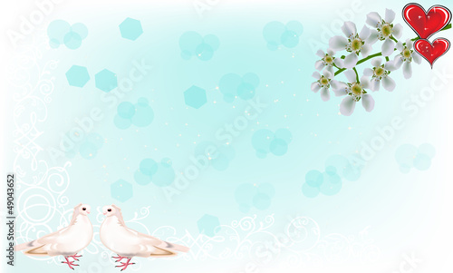 dove couple and red heart on light blue background photo