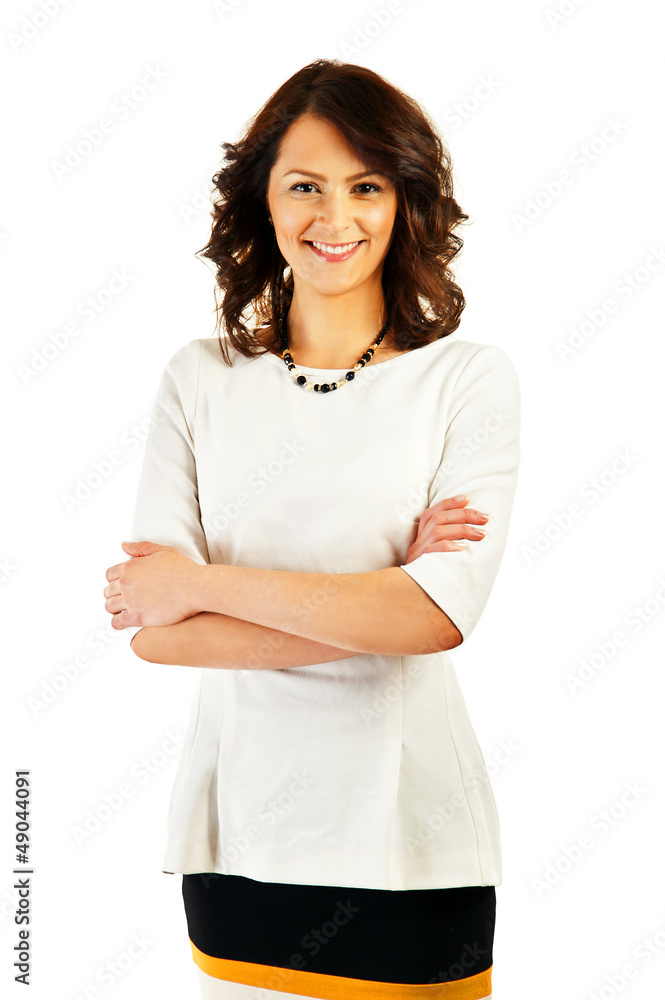 Woman in business uniform on white background with big smile Woman in business uniform on white background with big smile