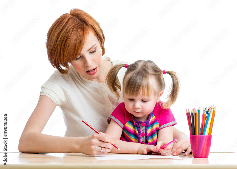 mother and her child girl pencil together mother and her child girl pencil together