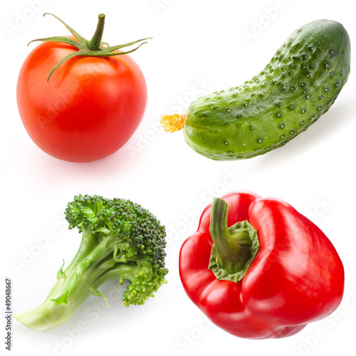 cucumber, tomato, broccoli, pepper isolated on white background