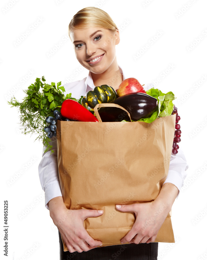 beautiful young woman with vegetables and fruits in shopping bag beautiful young woman with vegetables and fruits in shopping bag