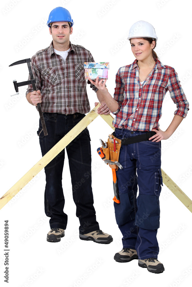 Two woodworker stood with money Two woodworker stood with money