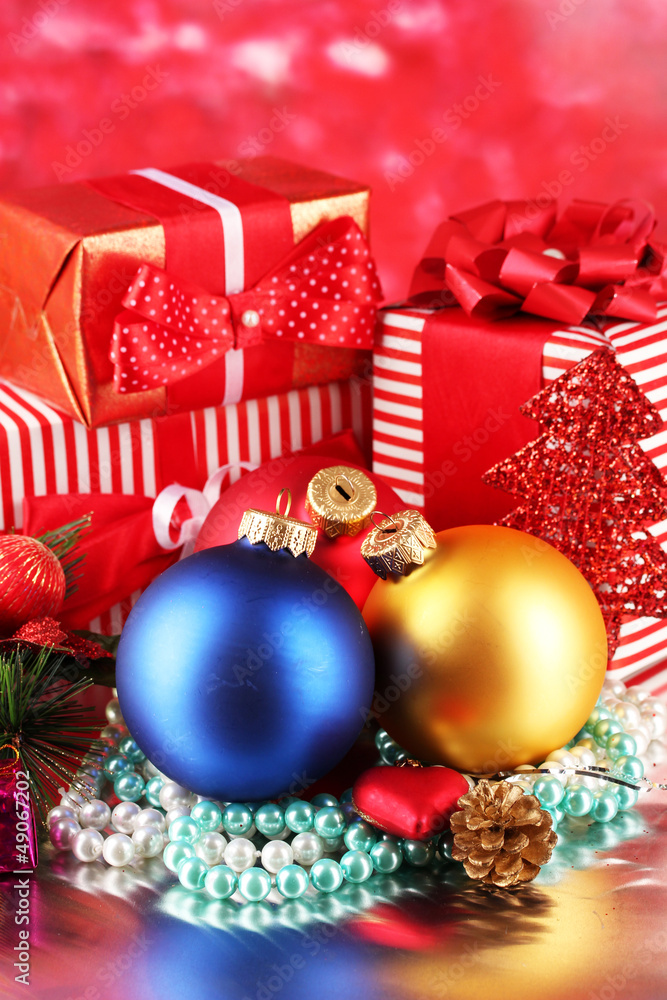 Christmas decoration and gift boxes on golden background