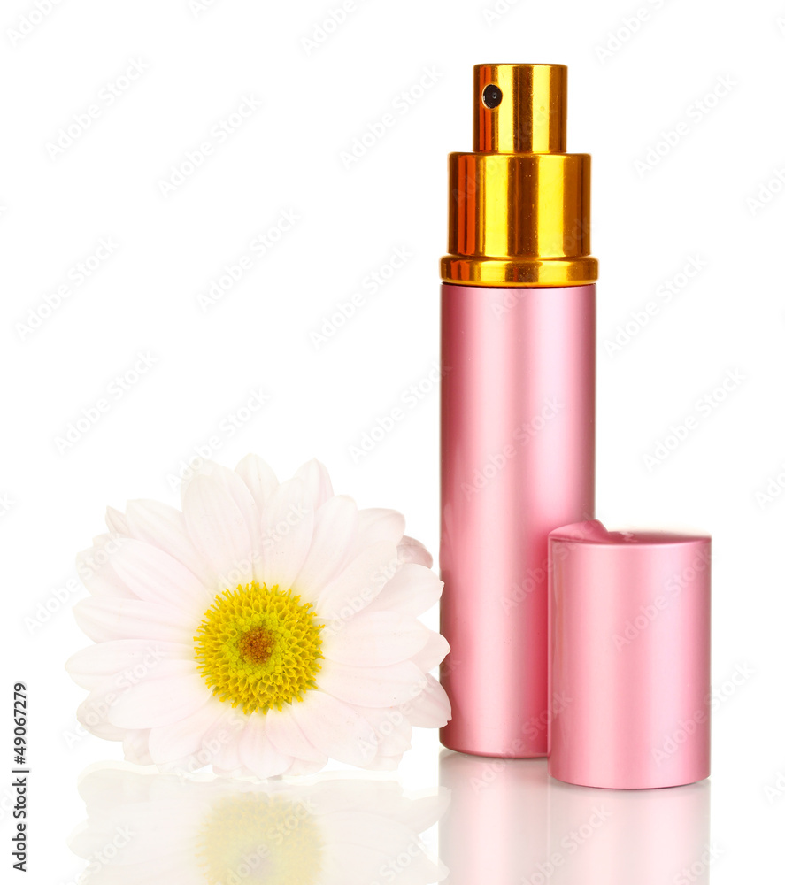 Women's perfume in beautiful bottle with flower isolated Women's perfume in beautiful bottle with flower isolated