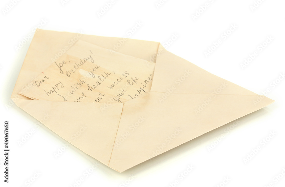 Open old envelope with letter isolated on white Open old envelope with letter isolated on white
