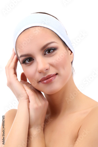 Young woman in gray headban...