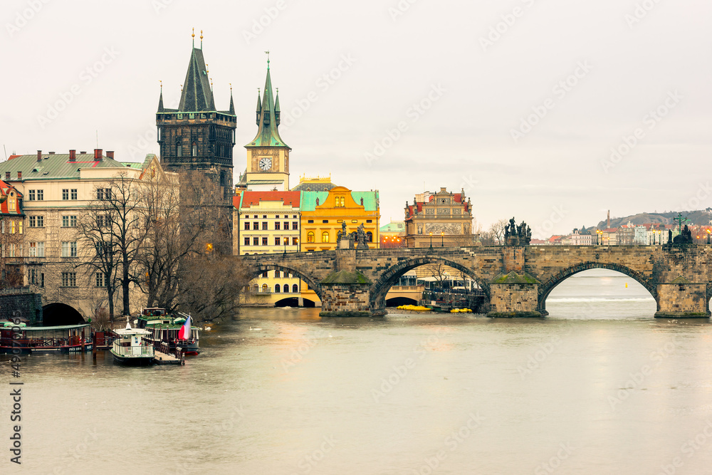 The Church of St. Francis of Assisi and Charles Bridge in Prague