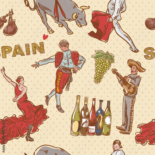 Spain seamless repeating pattern with spanish symbols