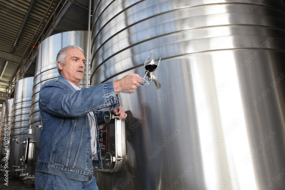 Winemaker with a glass of wine in the cellar Winemaker with a glass of wine in the cellar