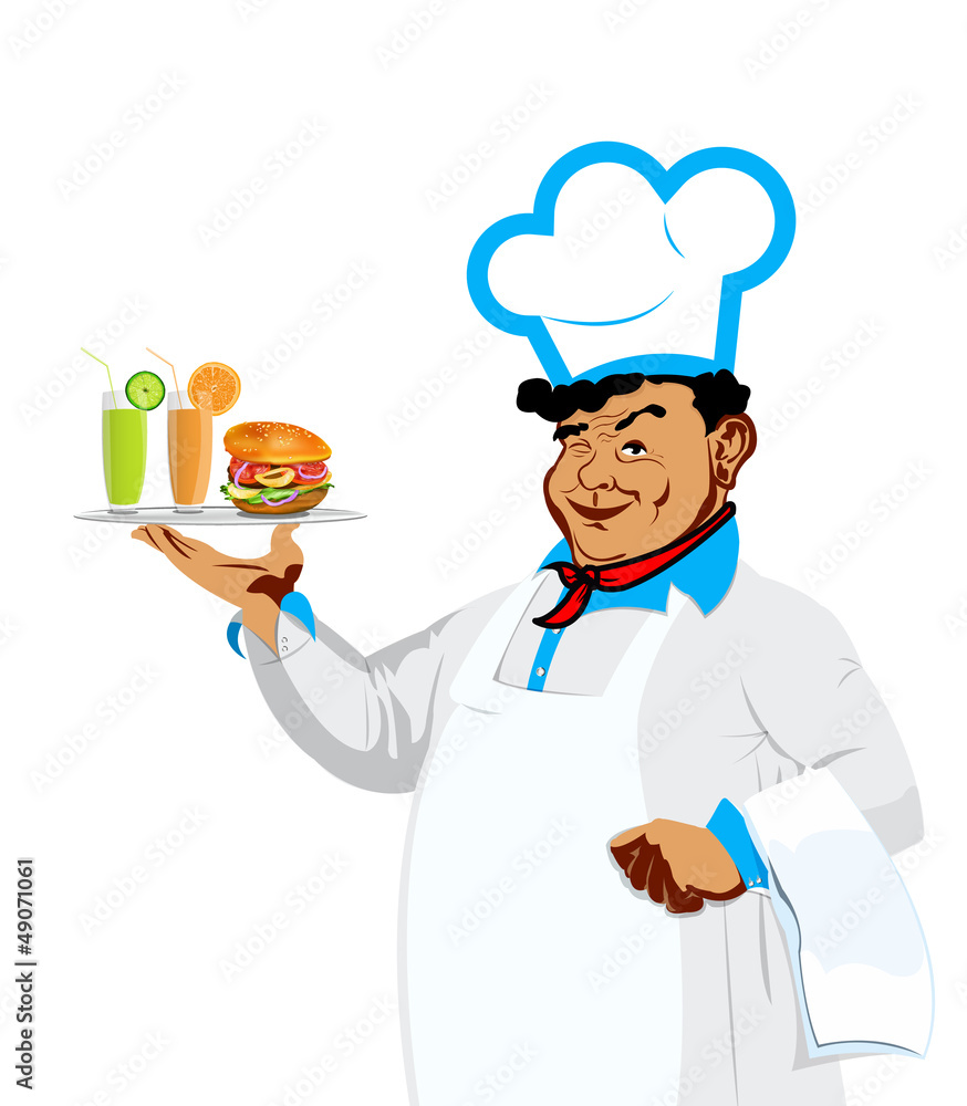 Funny Chef with hamburger and fresh fruit juice.Food bistro Funny Chef with hamburger and fresh fruit juice.Food bistro