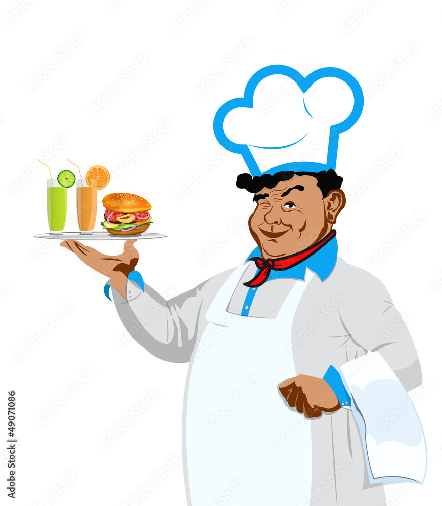 Funny Chef with hamburger and fresh fruit juice.Vector Funny Chef with hamburger and fresh fruit juice.Vector