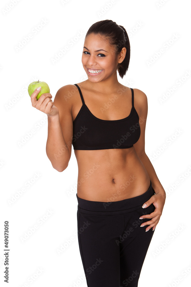 Happy Woman Holding Green Apple In Hand Happy Woman Holding Green Apple In Hand
