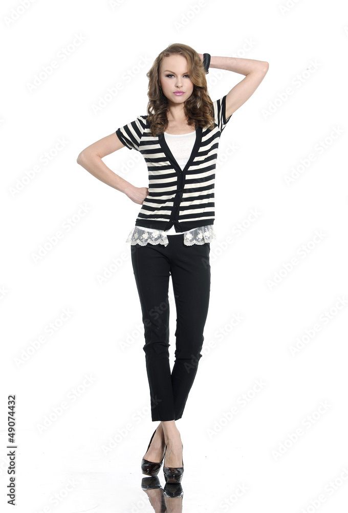 Pretty young woman in stripy t-shirt and jeans, Pretty young woman in stripy t-shirt and jeans,