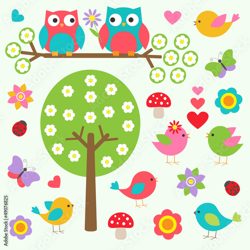 Birds and owls in spring forest. Vector set #49076825