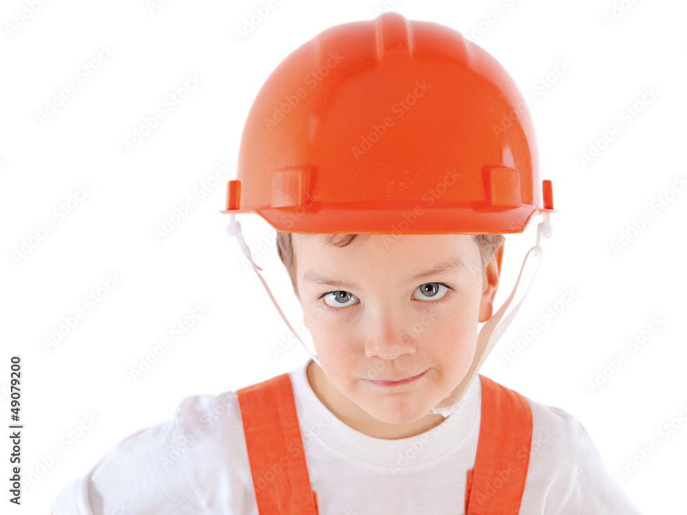 Portrait of boy in orange helmet, insulation Portrait of boy in orange helmet, insulation