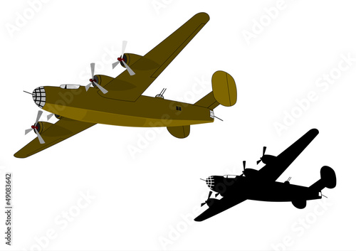 World war two heavy bomber in cartoon style and its black and white silhouette.